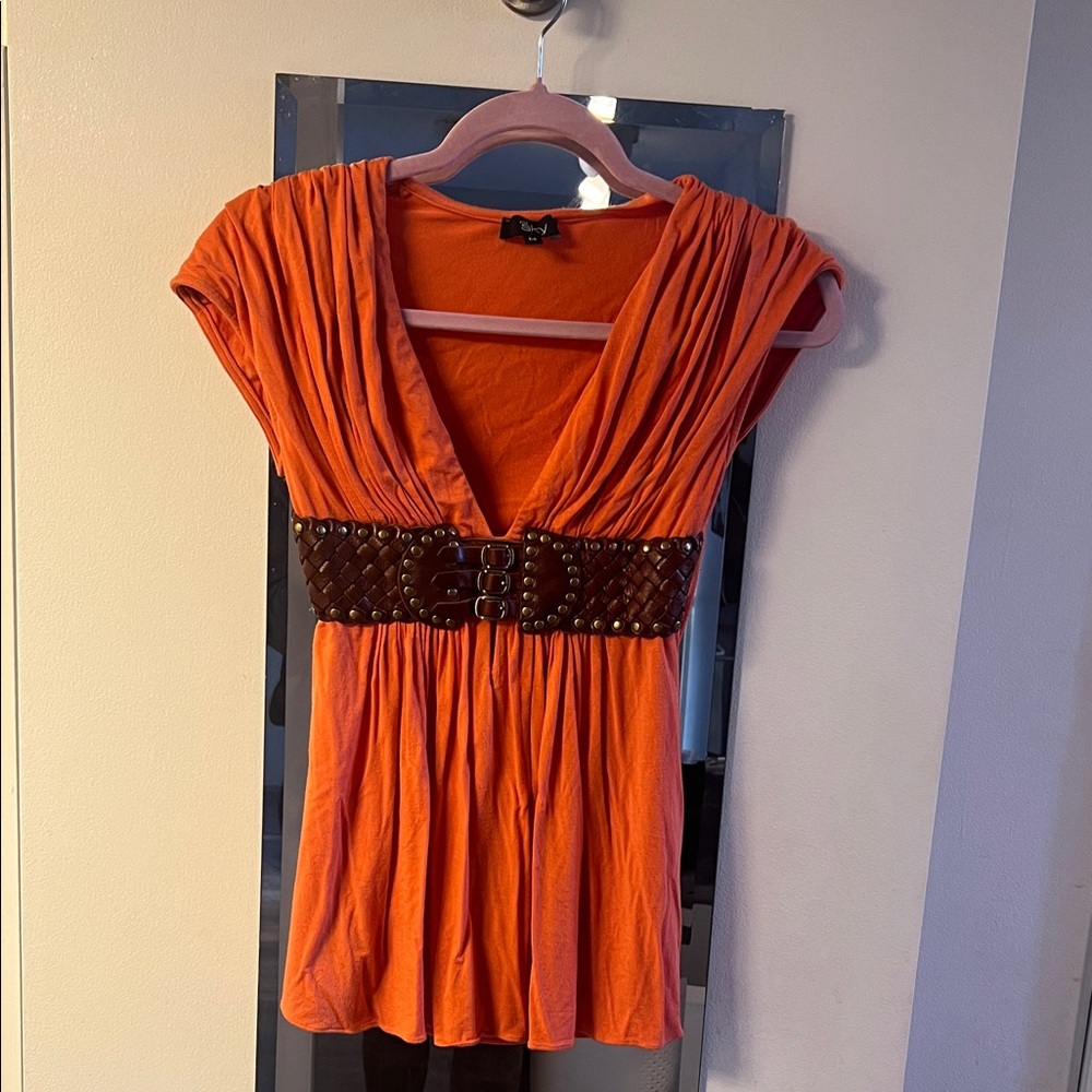 Sky Orange Pleated Blouse with Brown Belt
